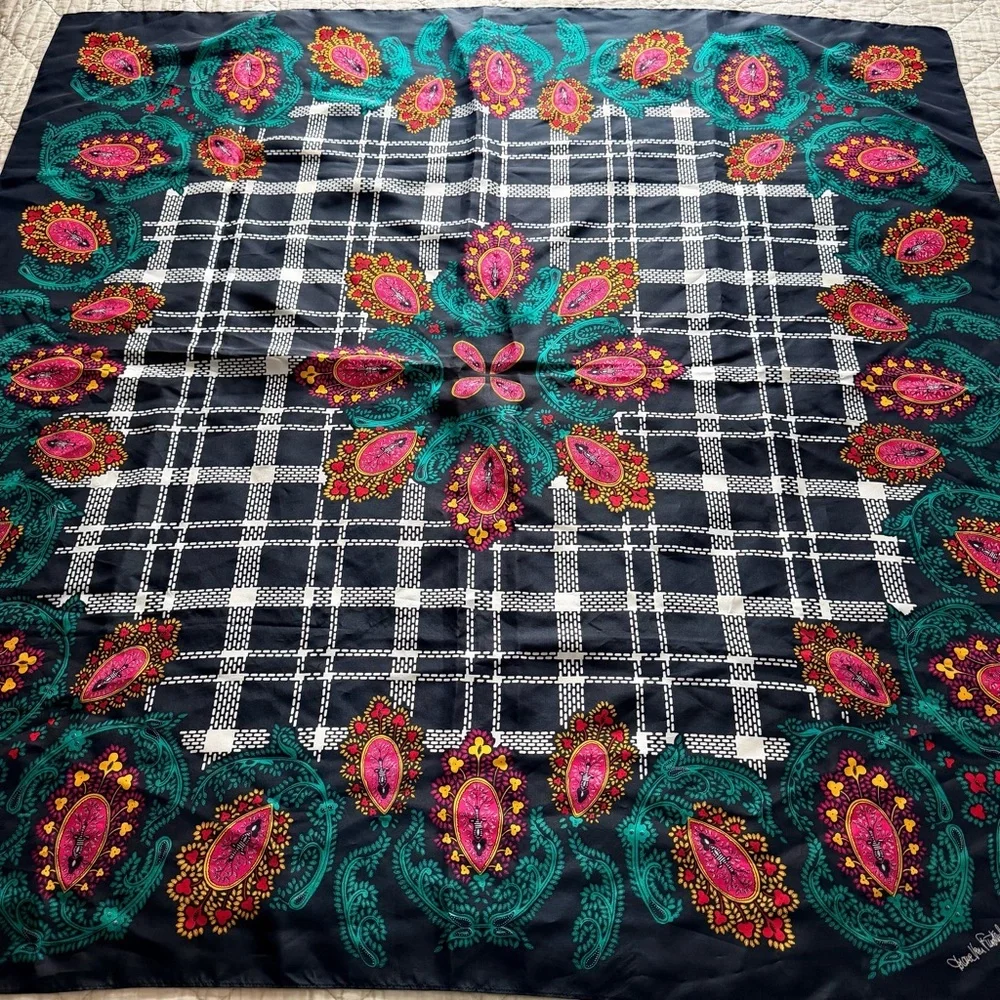 Diane von Furstenberg Silk Scarf Black Paisley Colorful Print 42”x42”
